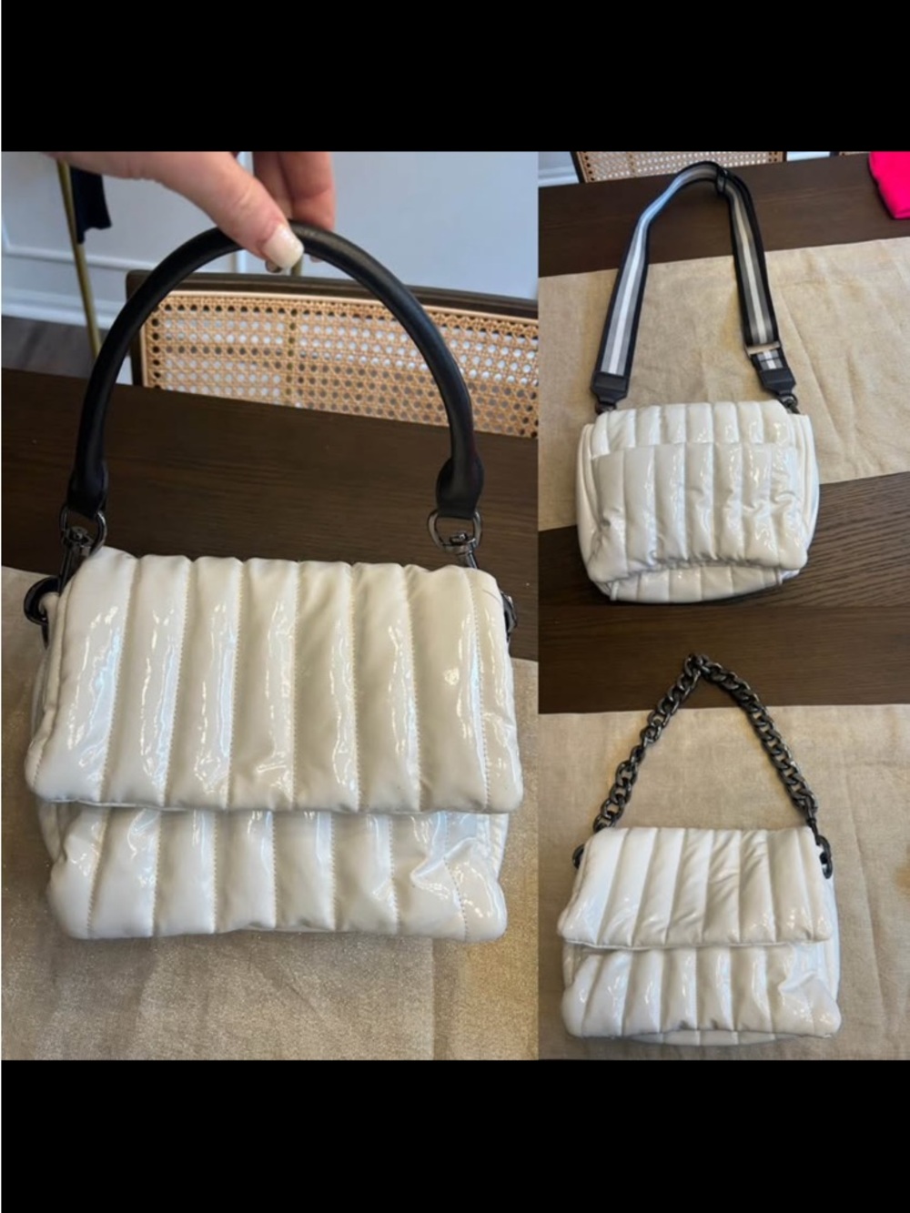 THINK ROYLN Cream Quilted Patent Shoulder Bag with 3 handle strap options